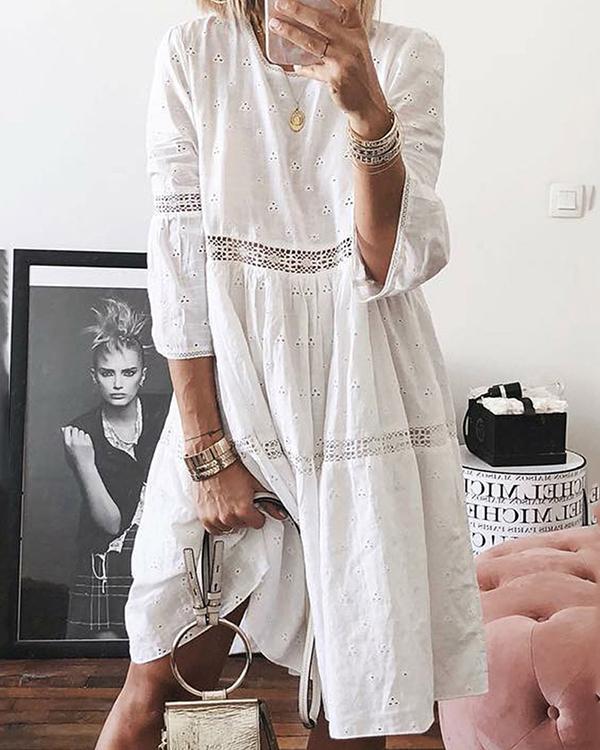 Boho Solid Crew Neck Hollow Out Splice Dress