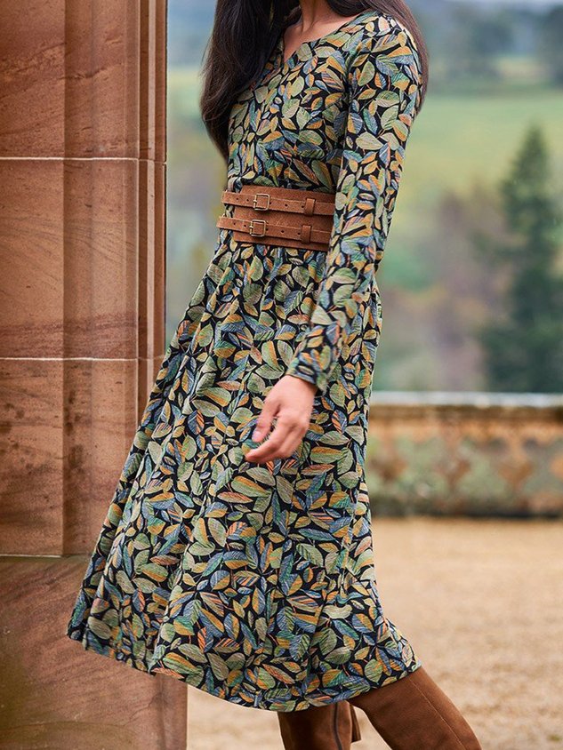 Women Leaf Notched Long Sleeve Comfy Boho Midi Dress