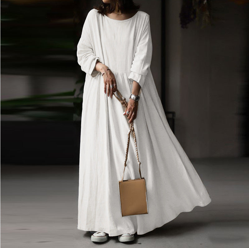Women's Linen Casual Solid Patchwork Crew Neck Boho Loose Long Sleeve Maxi Dress