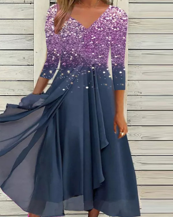 Elegant Print V-Neck Long Sleeve Dress