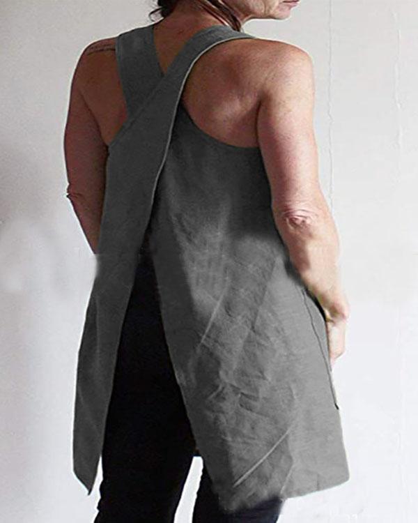 Solid Pockets Apron Linen Cross Back Dress