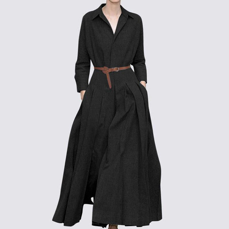 Women's A Line Solid Formal Ruched Lace up Pocket Collar Loose Maxi Dress