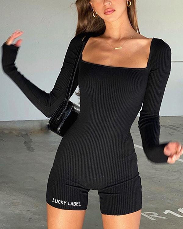 Long-sleeved Square-collar Backless Romper